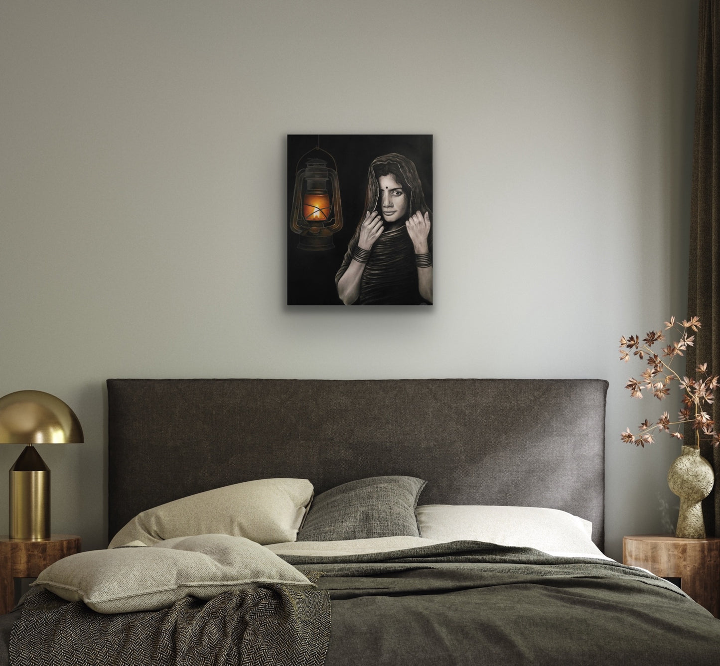 Woman with Lantern Pencil Painting